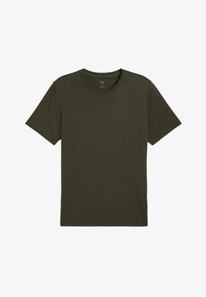 Dunkelgrünes Kurzarm-T-Shirt aus weichem Material. Verfügt über einen Rundhalsausschnitt und eine horizontale Naht über der Brust mit dezentem Branding.