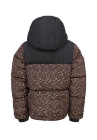 Pufferjack met een zwart bovenstuk en een bruin luipaardprint onderstuk, voorzien van een capuchon en elastische manchetten voor een goede pasvorm en warmte.