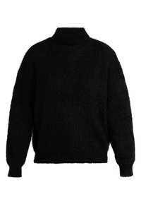Schwarzer, plüschiger Rollkragenpullover mit langen Ärmeln, überschnittenen Schultern und legerer Passform. Das strukturierte Material verleiht Dimension und Wärme.