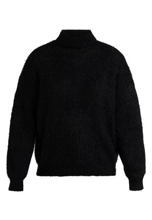 Sort, fuzzy turtleneck sweater med lange ærmer, drop skuldre og en afslappet pasform. Struktureret stof tilføjer dimension og varme.