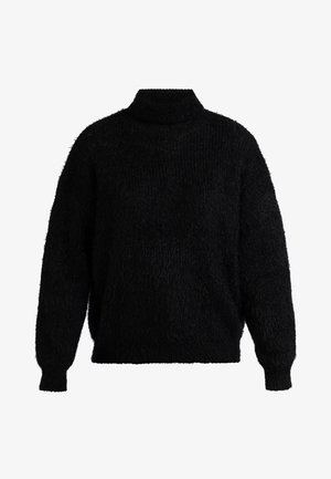 Fekete, bolyhos garbó pulóver hosszú ujjakkal, ejtett vállakkal és laza szabással. A texturált anyag dimenziót és meleget ad.