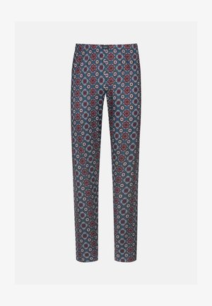 Gemusterte Hose mit blauem Hintergrund und aufwendigen rot, weiß und blauen Blumenmuster, mit geradem Schnitt und elastischem Bund.
