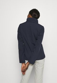 Mörkblå jacka med hög krage, långa ärmar och en strömlinjeformad design. Slät yta utan synliga mönster eller beslag.
