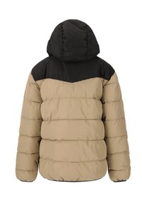 Beige pufferjack met een zwart bovenstuk en capuchon. Heeft een gestikte ontwerp en elastische manchetten voor warmte en comfort.