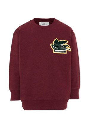 Sudadera burdeos con cuello redondo, puños y dobladillo acanalados, con un parche de caballo alado negro y amarillo en el pecho izquierdo.