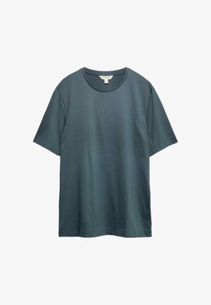 Effen donker teal T-shirt met korte mouwen en ronde hals, gemaakt van superfijn katoen, weergegeven op een witte achtergrond.