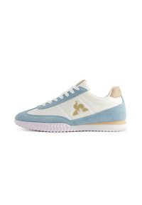Blue and white sneakers with a suede and synthetic upper, featuring a gold logo, white laces, and textured rubber sole.
