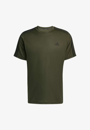 Olijfgroen sportt-shirt met korte mouwen. Voorzien van zwarte strepen op de schouders en een driehoekig patroon op de kraag. Adidas-logo in het zwart.