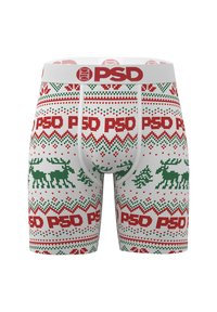 Boxer slip con motivo a fantasia rossa e verde con renne e alberi di Natale, con una fascia in vita bianca con il logo PSD in rilievo.