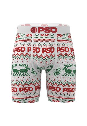 Red and green patterned boxer briefs featuring reindeer and Christmas trees, with a white waistband embossed with the PSD logo.