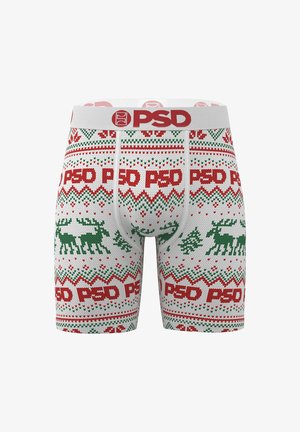 Rote und grüne gemusterte Boxershorts mit Rentieren und Christbäumen, mit einem weißen Bund, der das PSD-Logo geprägt hat.