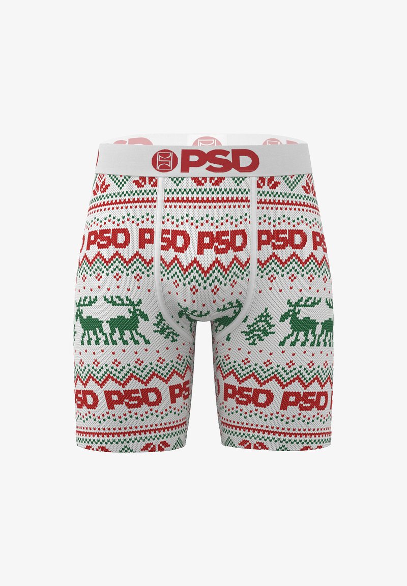 Boxer slip con motivo a fantasia rossa e verde con renne e alberi di Natale, con una fascia in vita bianca con il logo PSD in rilievo.