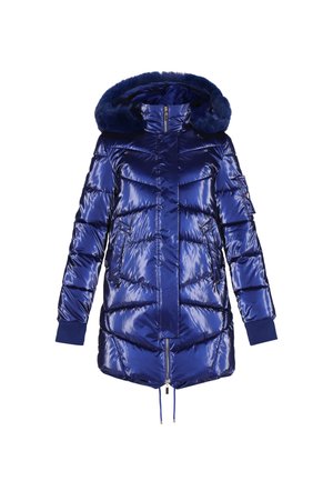 Kék puffermellény szőrmebéléses kapucnival, fényes anyagból, cipzáras zárral és rugalmas mandzsettákkal. Két elülső zsebbel és stílusos sziluettel rendelkezik.