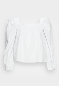 Top branco de mangas bufantes com decote quadrado e riscas verticais em azul claro. Apresenta franzido elástico no decote e nos punhos.