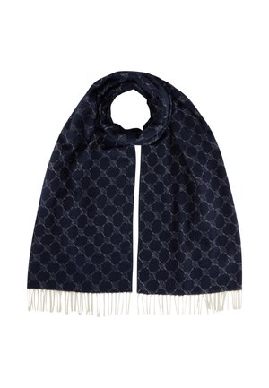 Écharpe bleu marine en tissu doux, avec un motif géométrique répété et des franges blanches aux extrémités.