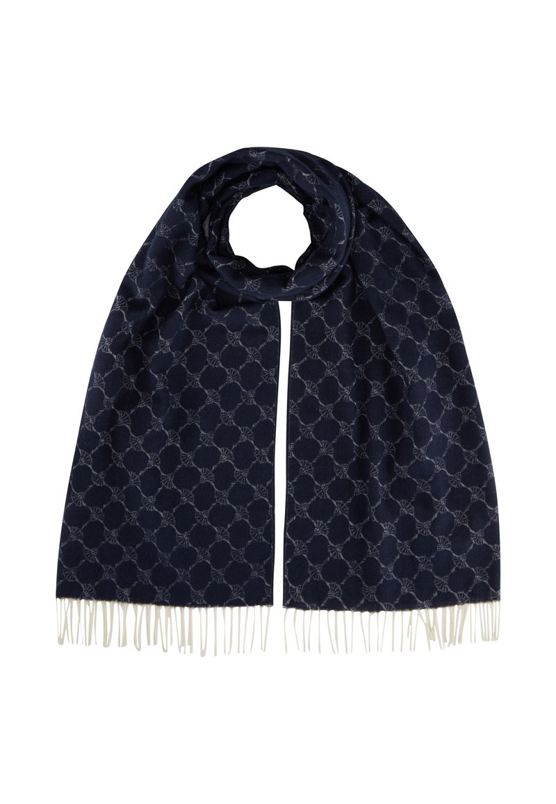 Navy blue scarf made of soft fabric, featuring a repeated geometric pattern, with white fringe accents at the ends.