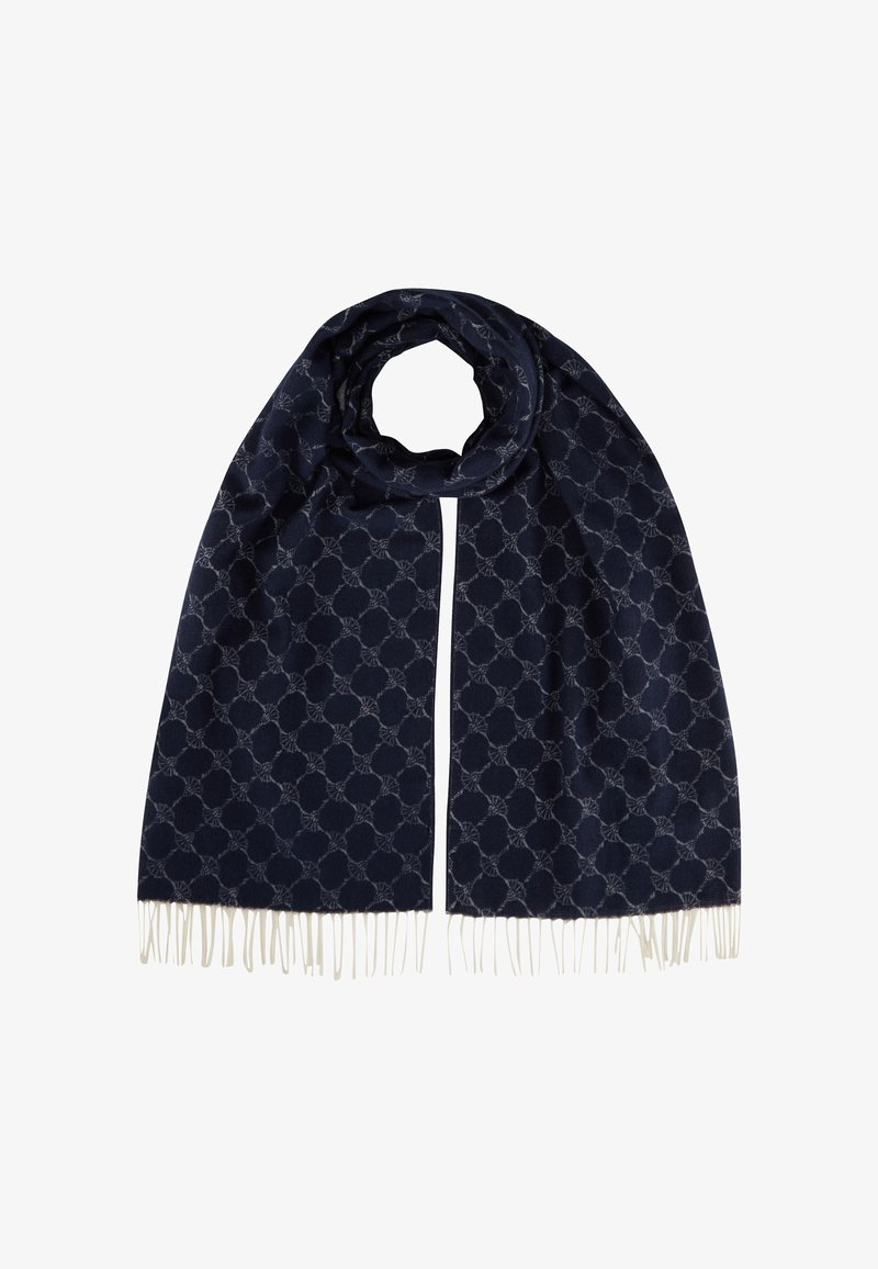 Navy blue scarf made of soft fabric, featuring a repeated geometric pattern, with white fringe accents at the ends.