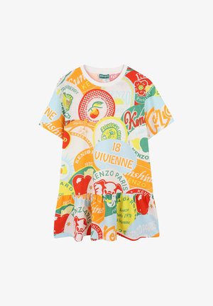 Korte mouwen, kleurrijk katoenen t-shirt met een collages van levendige fruit- en merkgraphics, ronde halslijn en een ruchesrand.