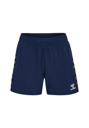 Marine sportieve shorts met een elastische tailleband, zijzakken en geprinte zwarte accenten langs de zijkanten. Hummel-logo aan de voorkant.