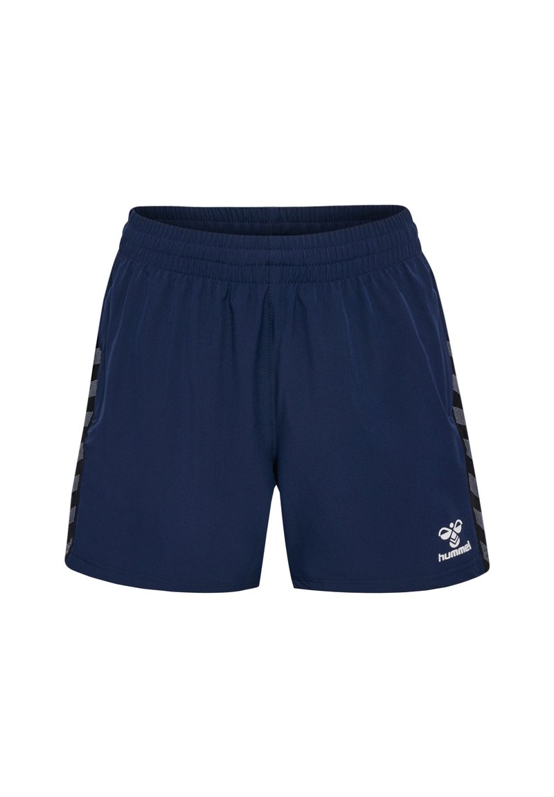 Marinefarbene Sportshorts mit einem elastischen Bund, Seitentaschen und gemusterten schwarzen Akzenten an den Seiten. Hummel-Logo auf der Vorderseite.