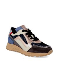 Multicolor sneakers met een gemêleerd mesh bovenwerk, beige en blauwe accenten, zwarte veters, suede en metalen details, en een textuurzool.