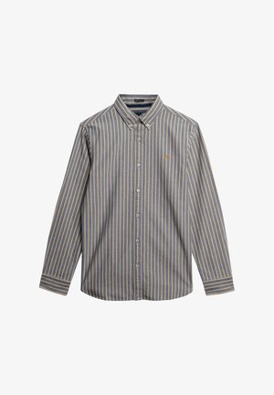 Koszula zapinana na guziki w niebiesko-szarym materiale z pionowymi złotymi paskami. Posiada kołnierz typu spread, długie rękawy oraz małe logo na piersi.