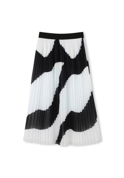 Jupe midi plissée en noir et blanc, ornée de motifs ondulés audacieux. Fabriquée en tissu léger avec une taille élastique noire.