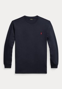 Marineblaues Langarmshirt mit Rundhalsausschnitt, rotem gesticktem Logo auf der linken Brust und gerippten Bündchen.