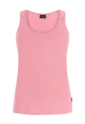 Camiseta sin mangas para mujer en color rosa con detalle de crochet en las tiras de los hombros, escote redondo y una pequeña etiqueta negra de la marca en el dobladillo frontal.