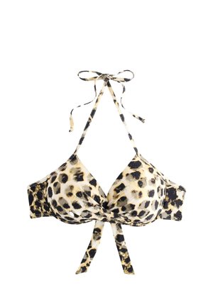 Leopardimustriga bikiinimantel, polsterdatud korvikesed, kaela taga seotav rihm ja sõlmitav kinnitus ees keskosas.