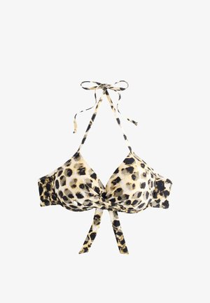 Top de bikini con estampado de leopardo, copas acolchadas, lazo halter en el cuello y cierre de lazos en el centro delantero.