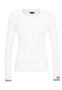 Top aderente a maniche lunghe bianco con texture a coste, scollatura rotonda e dettagli a righe nere e rosse sui polsini. Etichetta rossa sul collo.