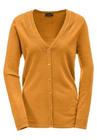 Senfgelbes Langarm-Cardigan mit V-Ausschnitt-Design, verziert mit dekorativen Lochmustern an Schultern und Bündchen, mit Holzknöpfen auf der Vorderseite.