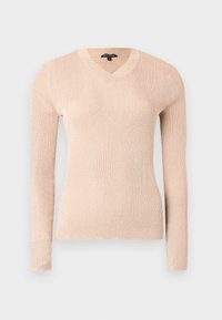 Pull côtelé à manches longues de couleur rose pâle avec un col en V. Fabriqué en matériau doux, présentant une coupe ajustée et une surface texturée.