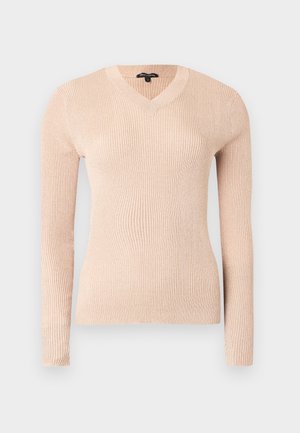 Pull côtelé à manches longues de couleur rose pâle avec un col en V. Fabriqué en matériau doux, présentant une coupe ajustée et une surface texturée.
