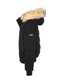 Sort dunjakke med pelskant på hætten, quiltet design, frontlomme med lynlås og Schott-logo på ærmet. Blød stoftekstur.