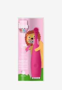 Rosa silikon sonic tannbørste med rund design, med en teksturert tupp. Pakken inkluderer en tegneserie-løvegrafikk og tekstetiketter.