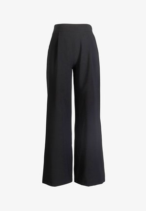 Pantalones negros de pierna ancha y talle alto con pliegues delanteros y cinturilla ajustada.