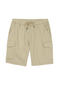 Shorts cargo beiges avec une taille élastique et un cordon de serrage. Comprend deux poches latérales et deux poches cargo sur les jambes.