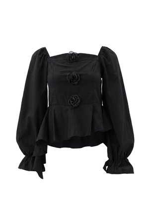 Black long-sleeve blouse with puffed sleeves, three black rose-shaped buttons down front, and asymmetrical ruffled hem.