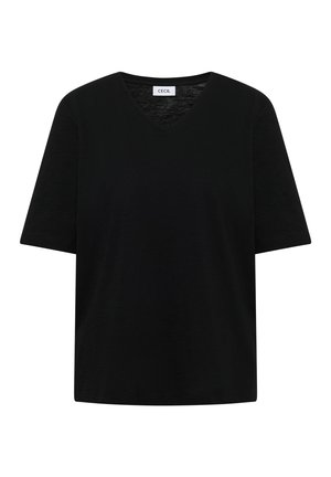 Czarna koszulka z krótkim rękawem i dekoltem w serek, z prostym dołem i widoczną białą metką wewnątrz kołnierza.