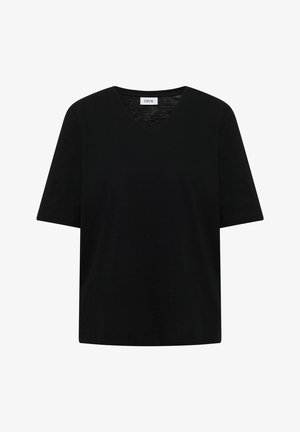 Sort T-shirt med korte ærmer og V-hals, lige kant forneden og en synlig hvid mærkat inde i halsudskæringen.