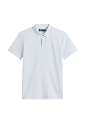 Light blue polo shirt featuring a classic collar, short sleeves, and a subtle logo on the chest. Made from soft, textured cotton fabric.