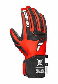 Rote und schwarze Torwarthandschuhe mit strukturiertem Griff, konturierten Fingern und gepolstertem Handgelenkband. Mit Logo und verstärkten Akzenten.