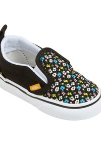 Black slip-on shoe with a floral pattern in pink, blue, and yellow. White rubber sole with a black stripe and a Vans logo tag on the side.