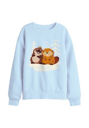 Hellblauer Pullover mit zwei lächelnden Comic-Bibern und blassen Baumumrissen, darunter der Schriftzug „HOPPERS“.