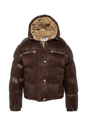 Doudoune marron brillante avec doublure beige à capuche, fermeture éclair devant, boutons-pression dorés et deux poches poitrine zippées.