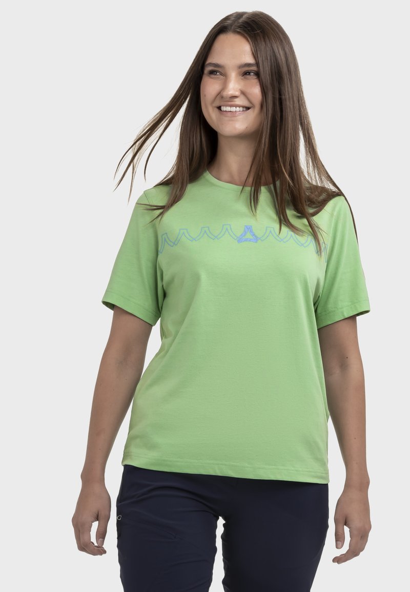 Grünes Baumwoll-T-Shirt mit kurzen Ärmeln, versehen mit einem blauen Wellenmuster über der Brust. Lässige Passform und weiche Textur.