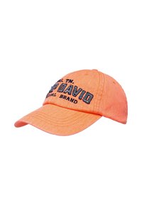 Cappellino da baseball in cotone arancione con visiera curva e superficie testurizzata. Presenta testo ricamato in blu scuro, che recita "EAP DAVID."