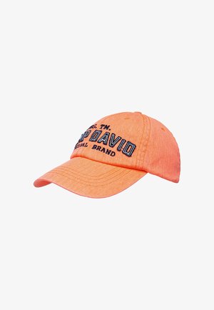 Cappellino da baseball in cotone arancione con visiera curva e superficie testurizzata. Presenta testo ricamato in blu scuro, che recita "EAP DAVID."